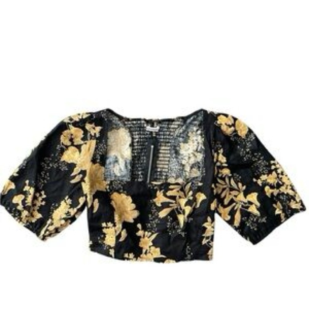 Reformation Yucca Black and Gold Floral Puff-Sleeve Smock-Back Crop Top - Size 6 - Picture 4 of 7
